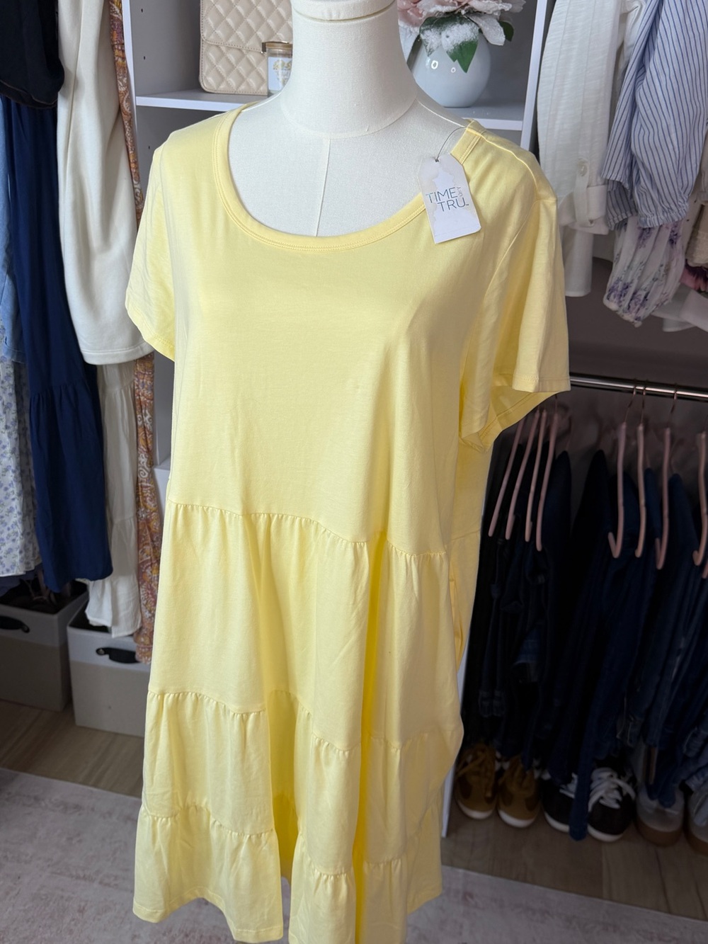 Time and Tru Yellow Short-Sleeve Tiered Tunic Dress
